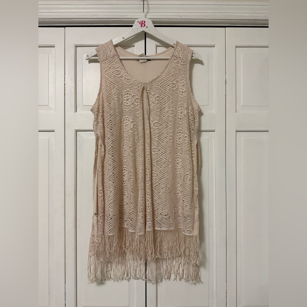 Cocomo Cream Tank Top Crochet Overlay with Fringe Boho Lagenlook Hippie Festival